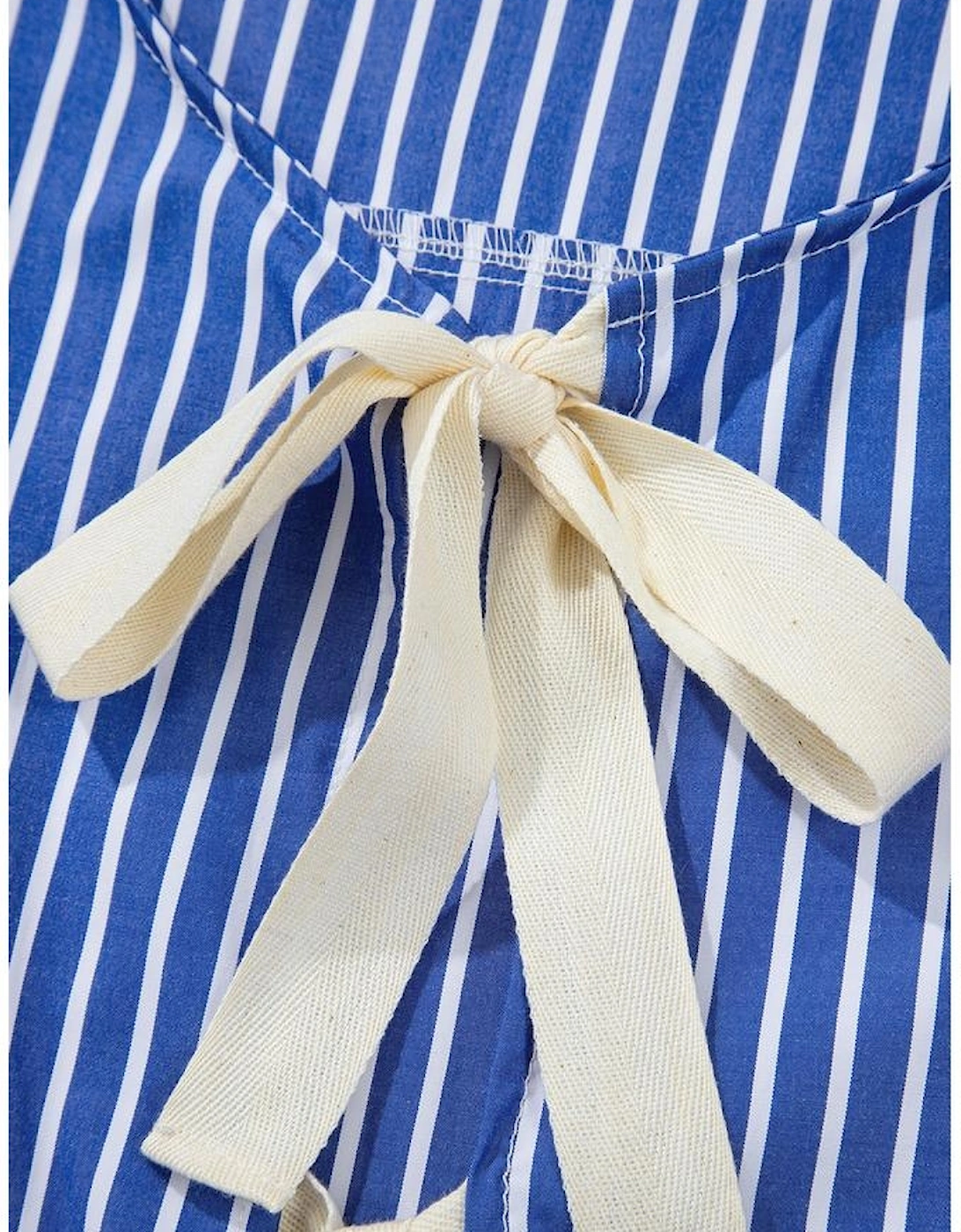 Blue Stripe Tied Front Puff Short Sleeve Blouse