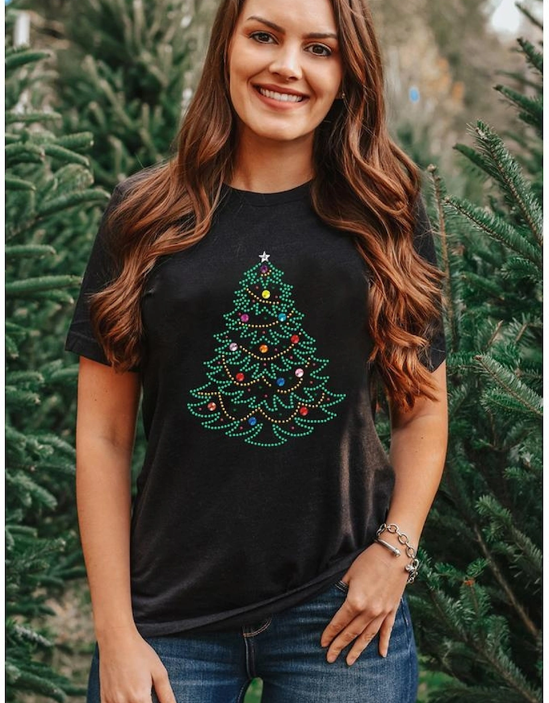 Black Rhinestone Christmas Tree Round Neck Graphic Tee