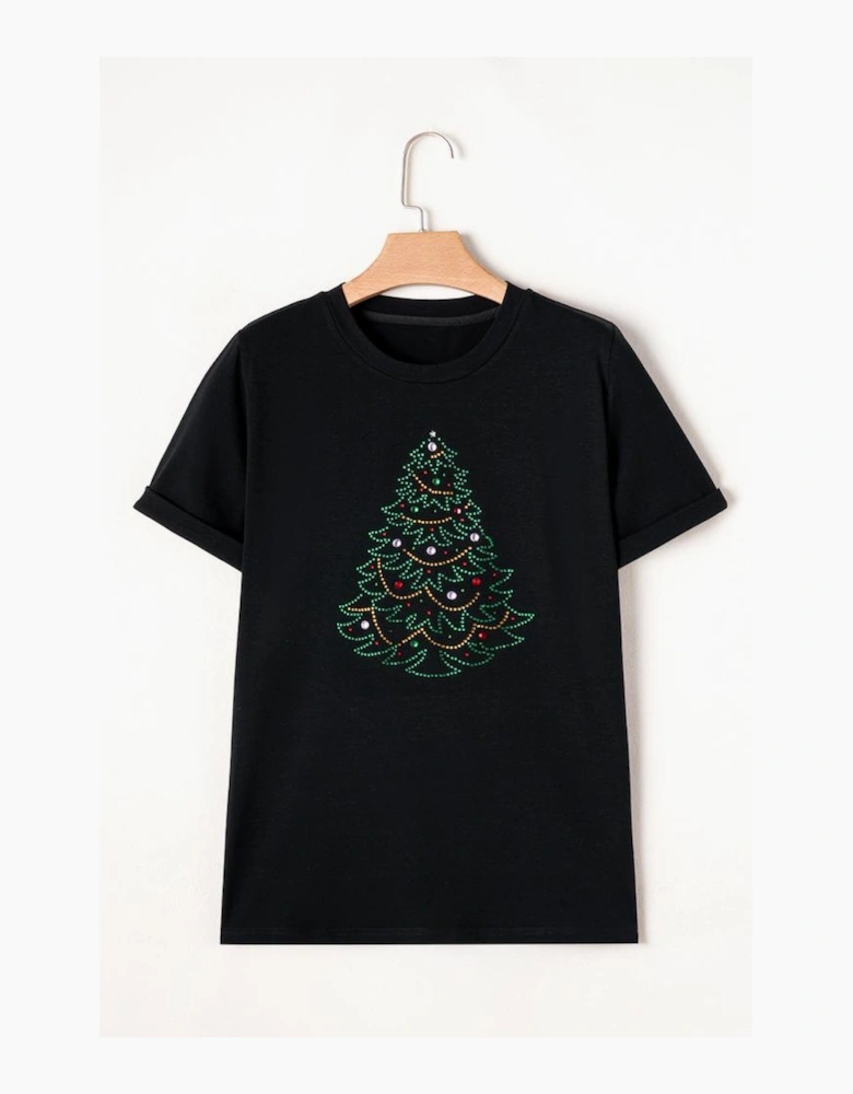Black Rhinestone Christmas Tree Round Neck Graphic Tee