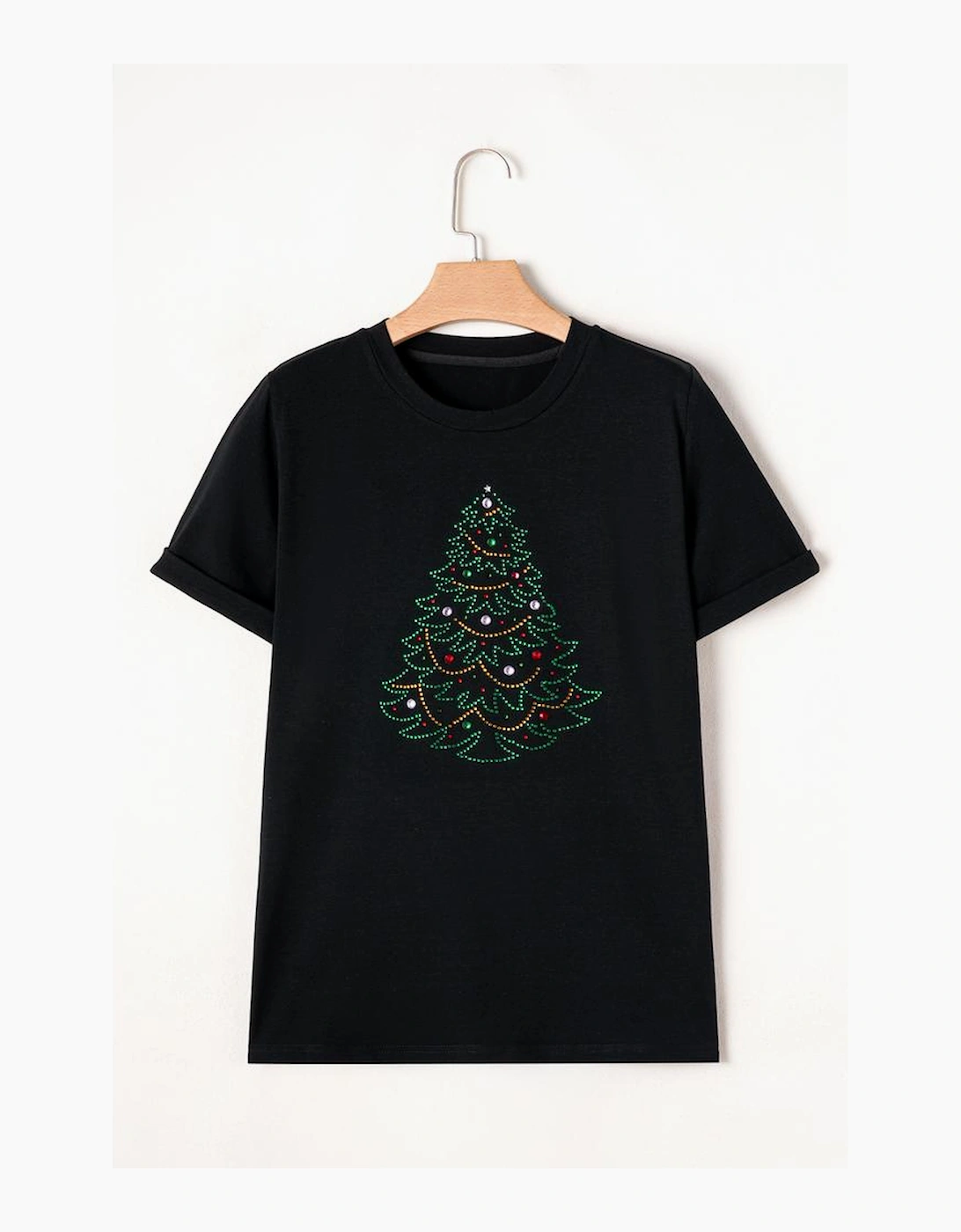 Black Rhinestone Christmas Tree Round Neck Graphic Tee