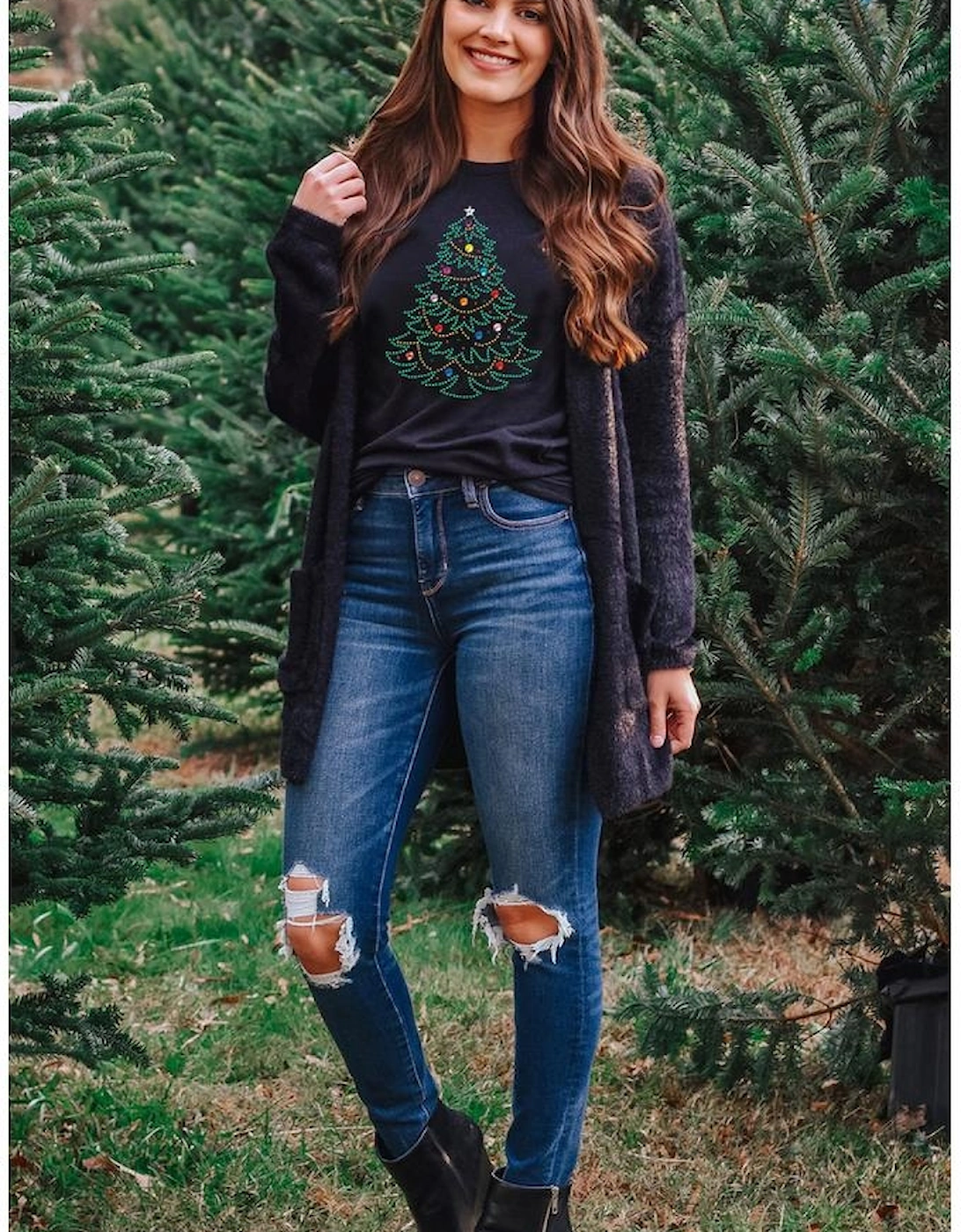Black Rhinestone Christmas Tree Round Neck Graphic Tee