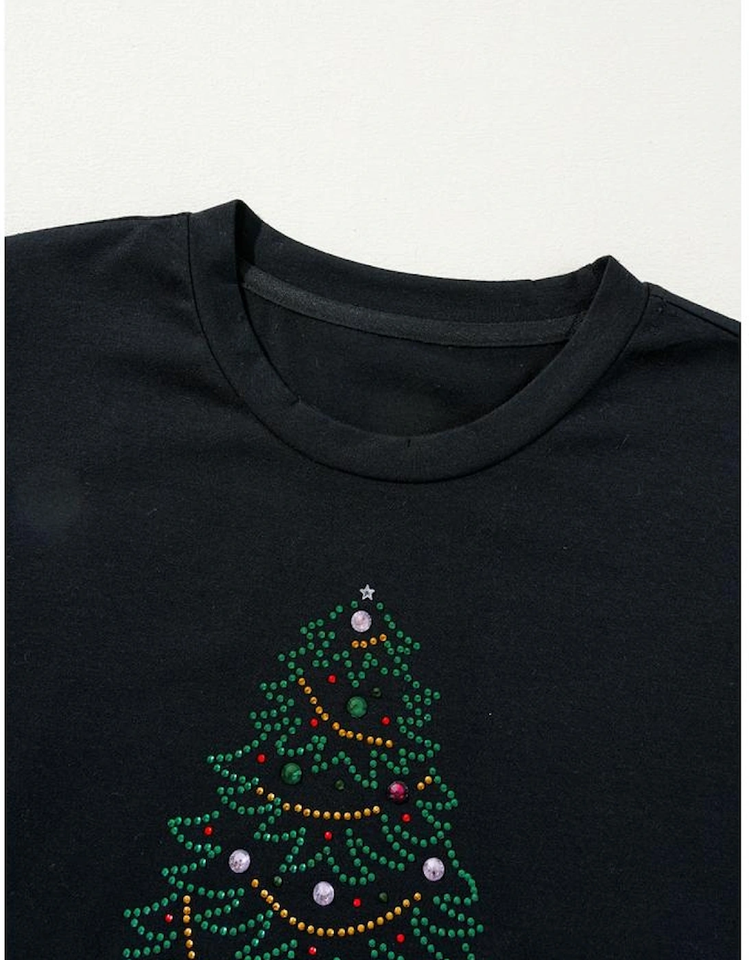 Black Rhinestone Christmas Tree Round Neck Graphic Tee