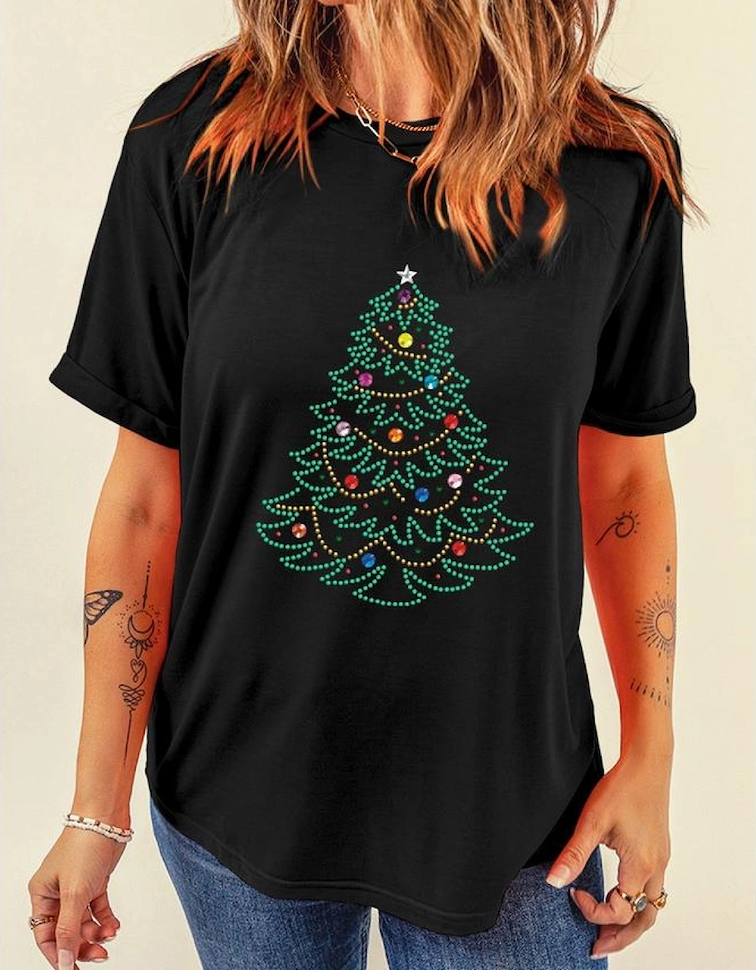 Black Rhinestone Christmas Tree Round Neck Graphic Tee