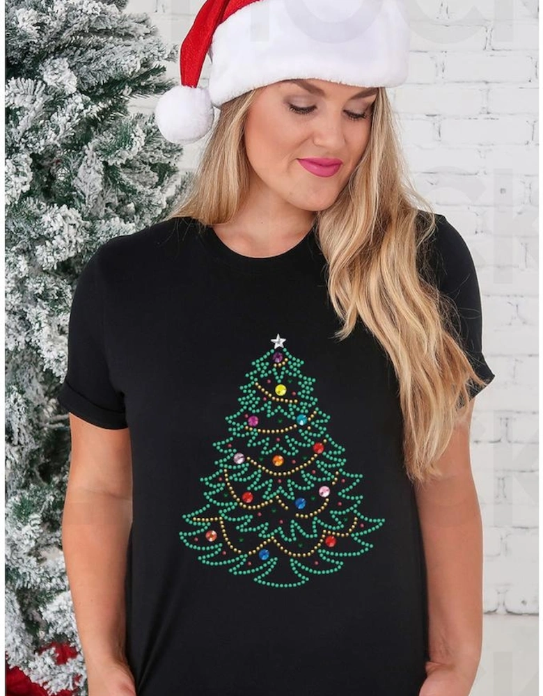 Black Rhinestone Christmas Tree Round Neck Graphic Tee