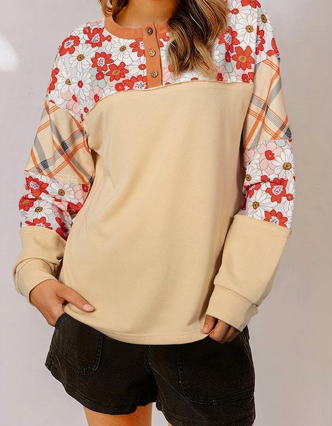 Parchment Floral Plaid Patchwork Casual Top