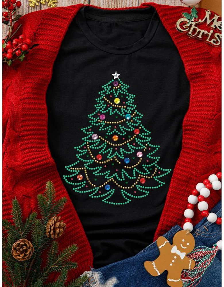Black Rhinestone Christmas Tree Round Neck Graphic Tee