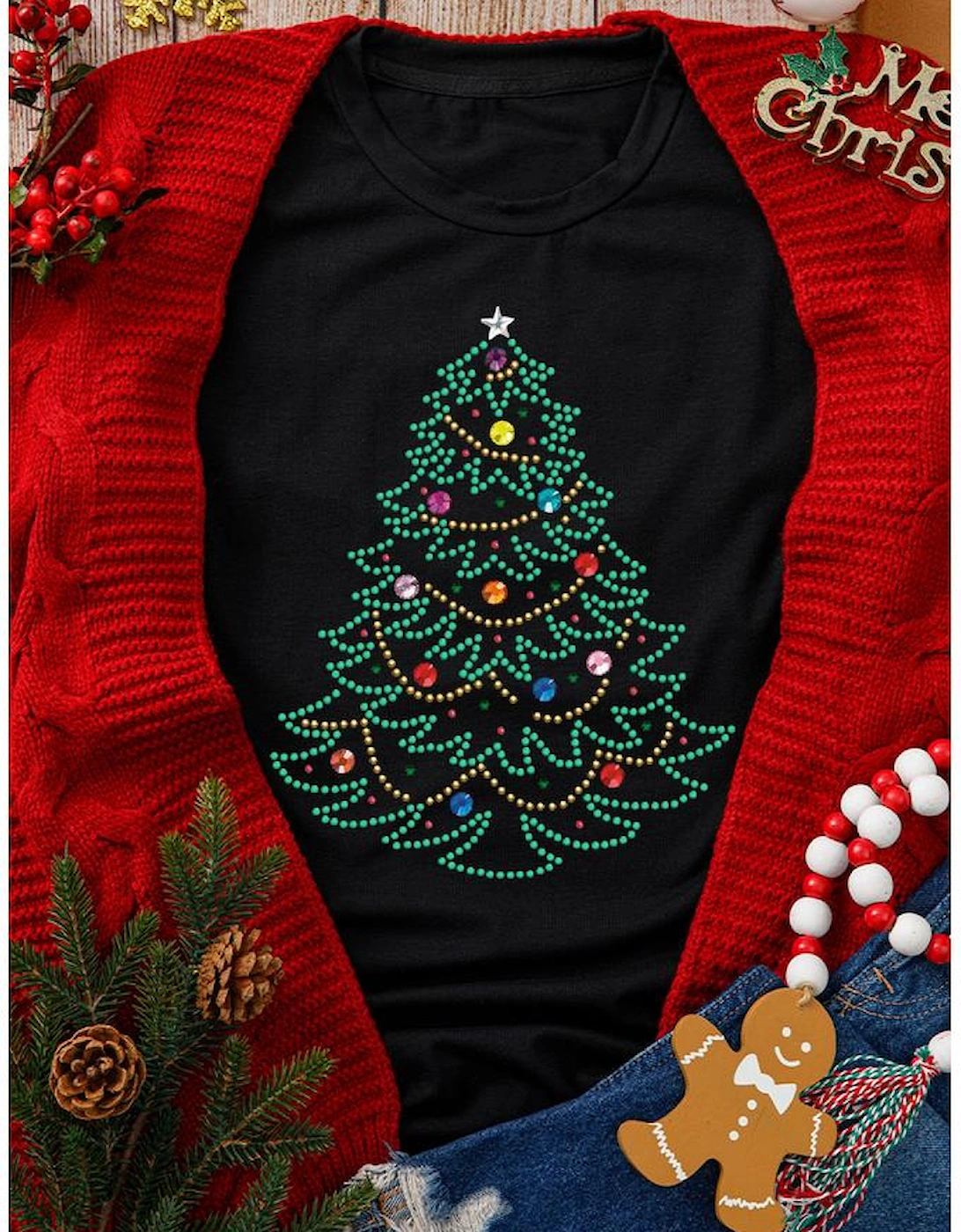 Black Rhinestone Christmas Tree Round Neck Graphic Tee