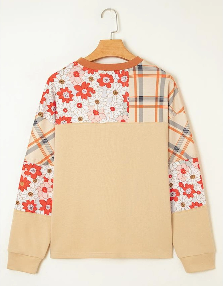 Parchment Floral Plaid Patchwork Casual Top