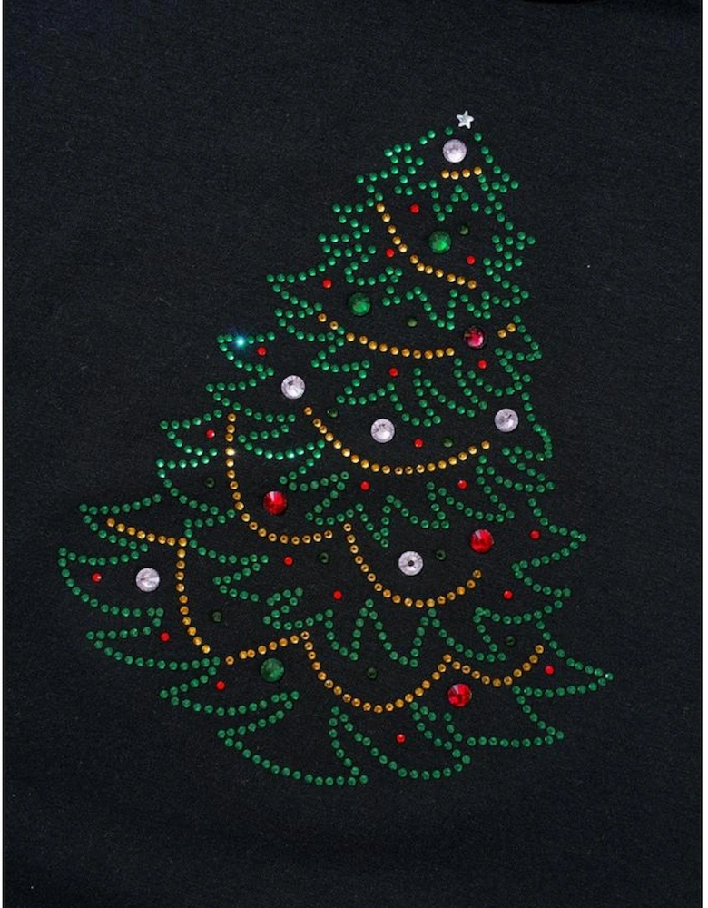 Black Rhinestone Christmas Tree Round Neck Graphic Tee