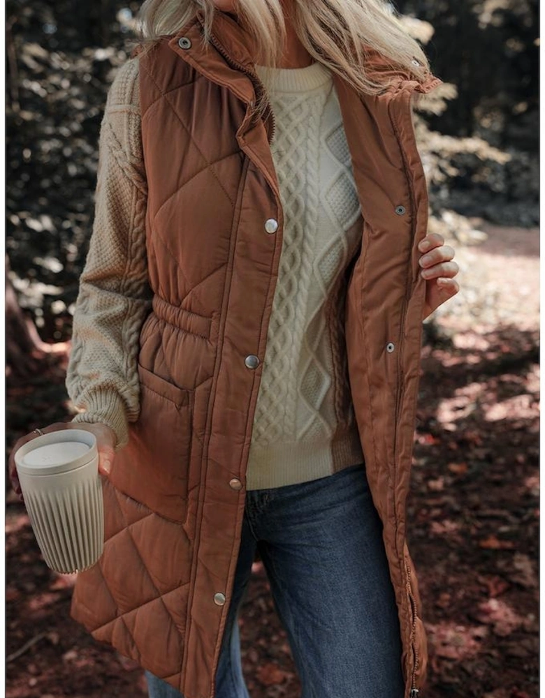 Coffee Longline Quilted Stand Collar Puffer Vest