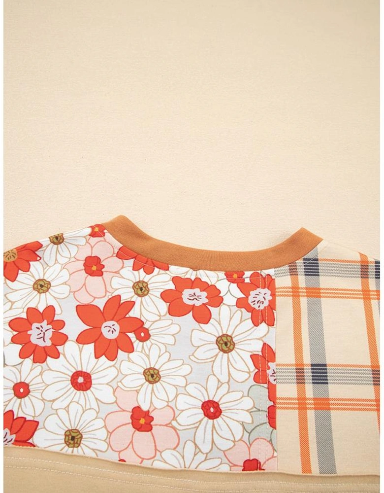 Parchment Floral Plaid Patchwork Casual Top