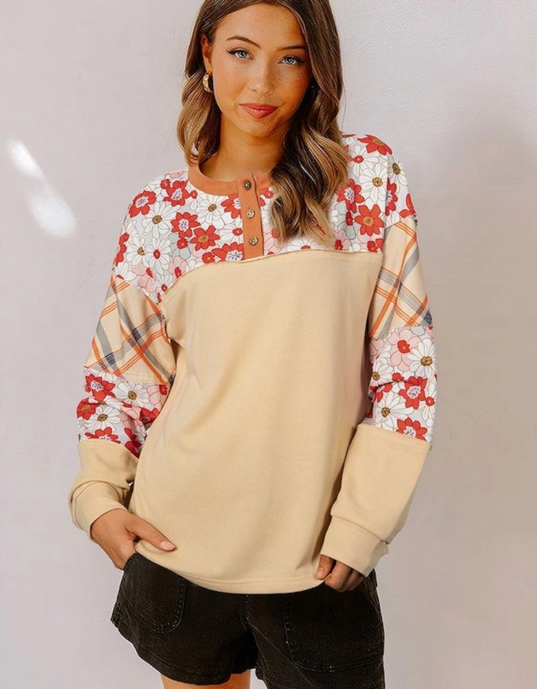 Parchment Floral Plaid Patchwork Casual Top