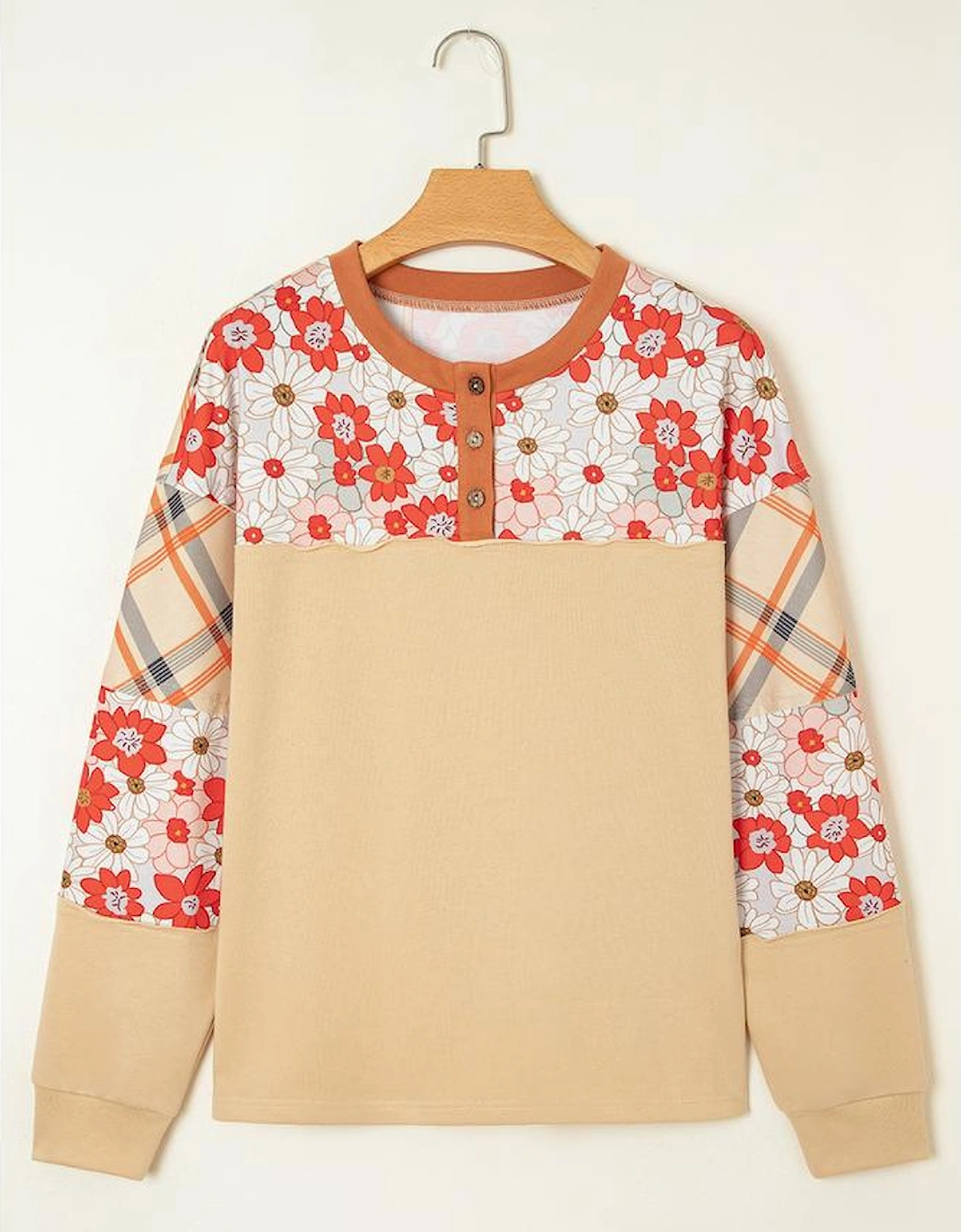 Parchment Floral Plaid Patchwork Casual Top