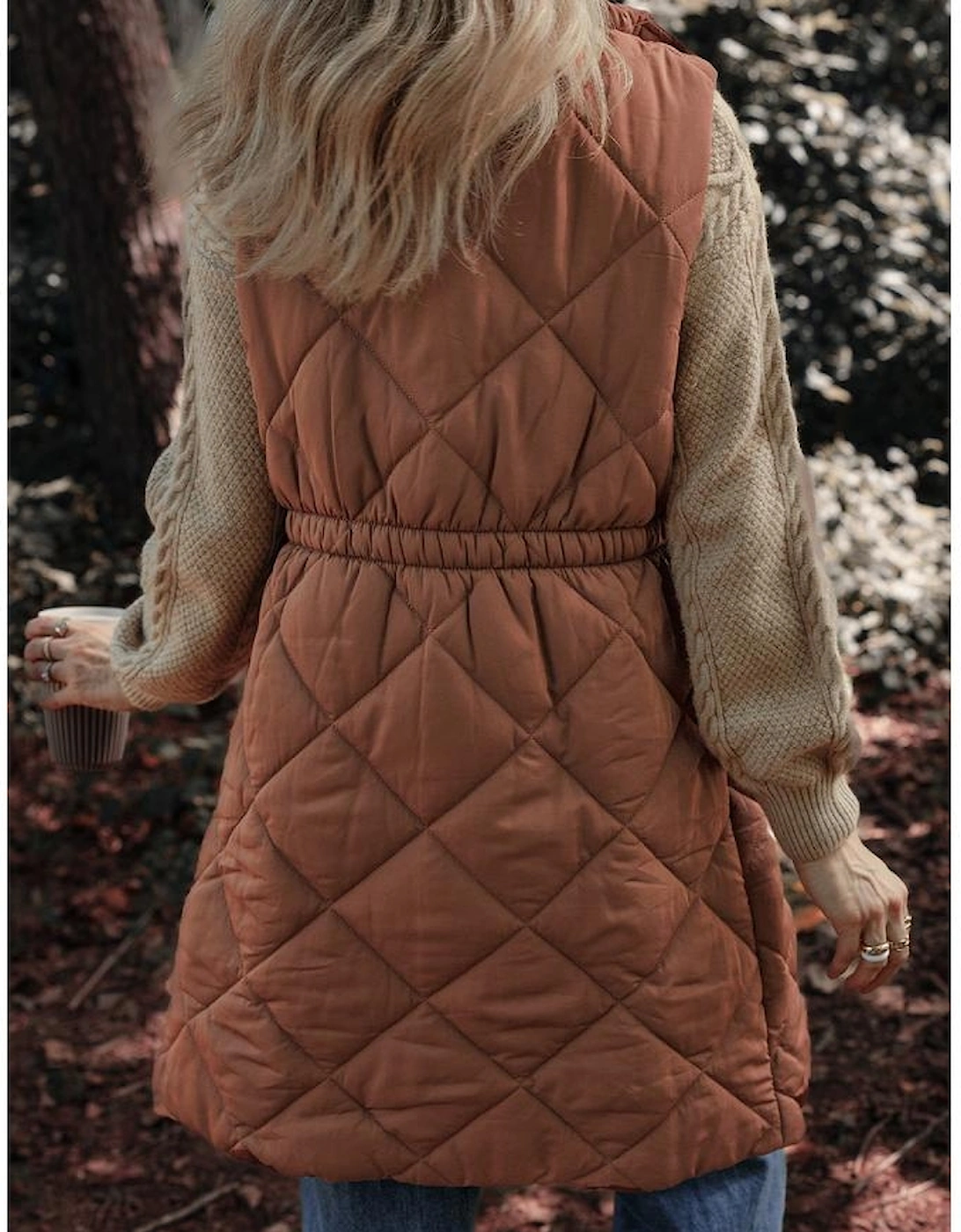 Coffee Longline Quilted Stand Collar Puffer Vest