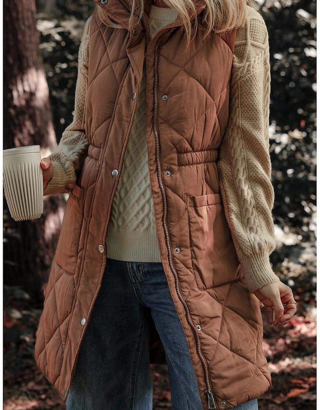 Coffee Longline Quilted Stand Collar Puffer Vest