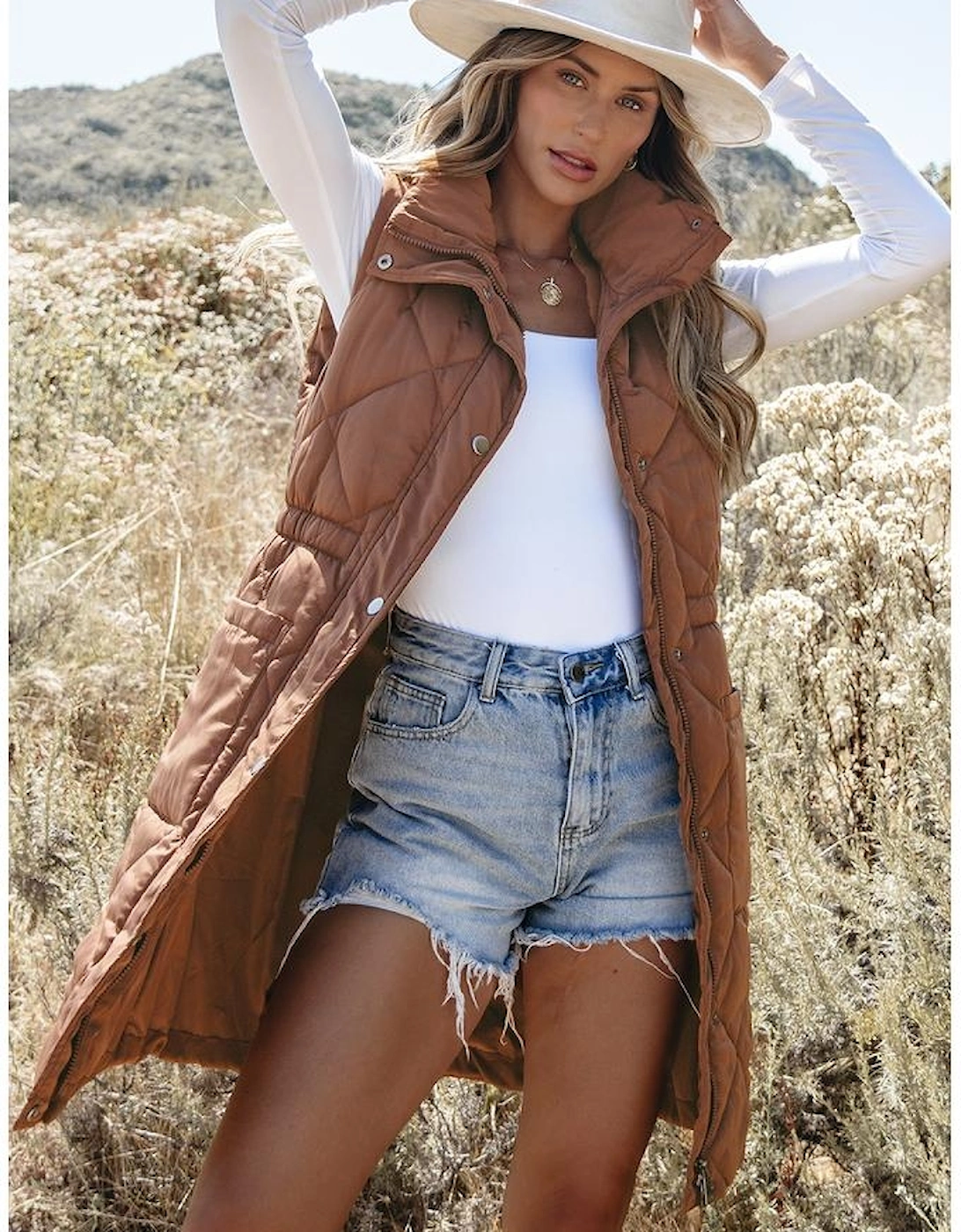 Coffee Longline Quilted Stand Collar Puffer Vest