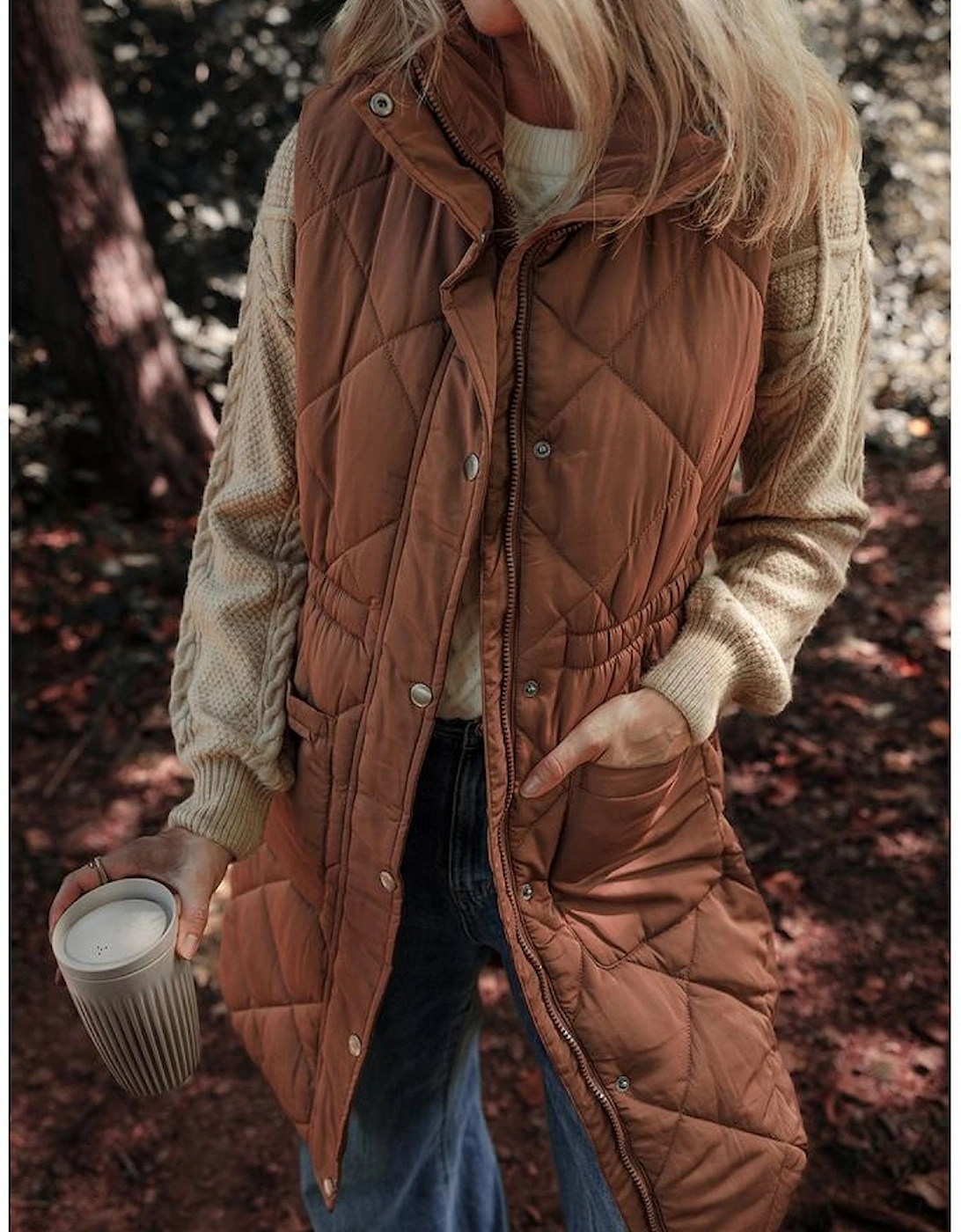 Coffee Longline Quilted Stand Collar Puffer Vest