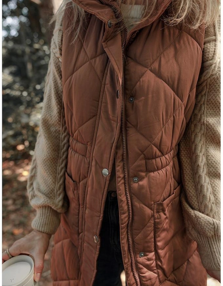 Coffee Longline Quilted Stand Collar Puffer Vest