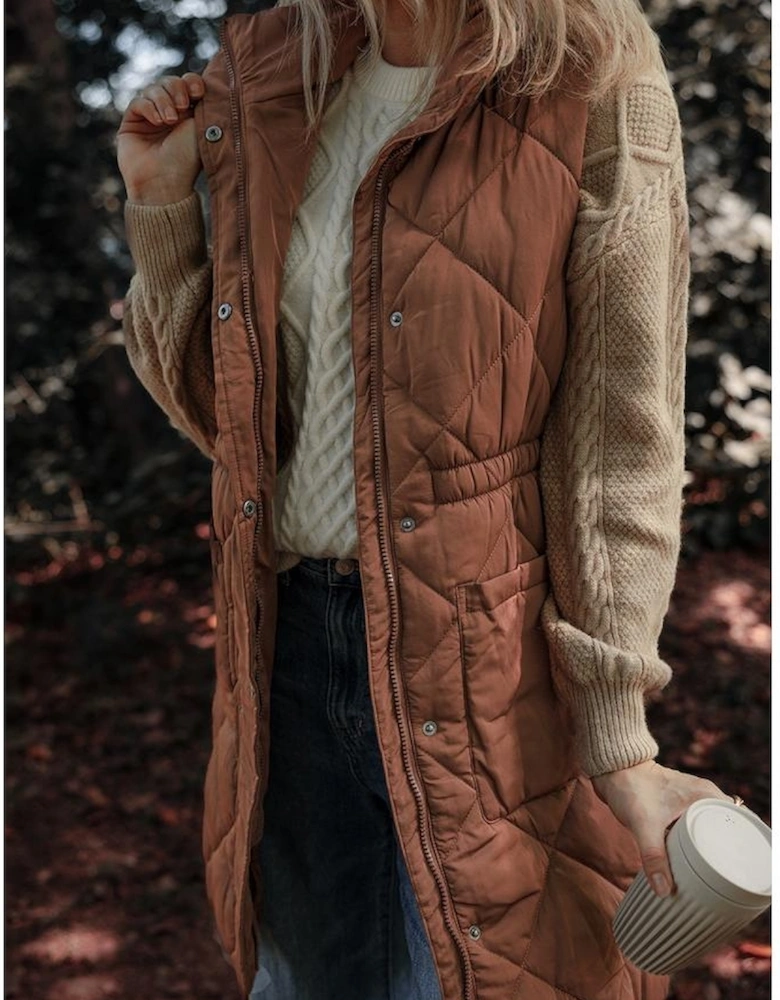 Coffee Longline Quilted Stand Collar Puffer Vest