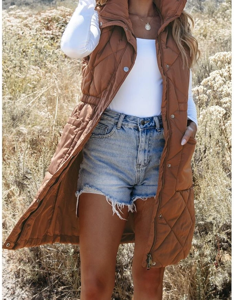 Coffee Longline Quilted Stand Collar Puffer Vest