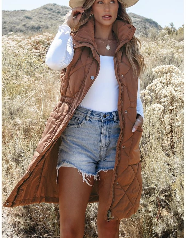 Coffee Longline Quilted Stand Collar Puffer Vest