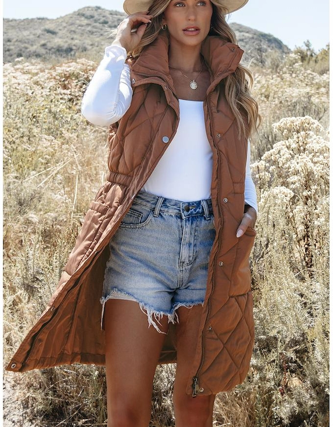 Coffee Longline Quilted Stand Collar Puffer Vest