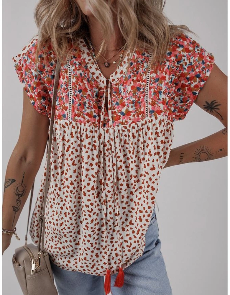 Red Printed Embroidery Detail Tie Split Neck Blouse