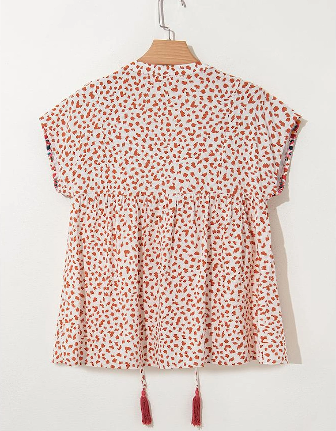 Red Printed Embroidery Detail Tie Split Neck Blouse