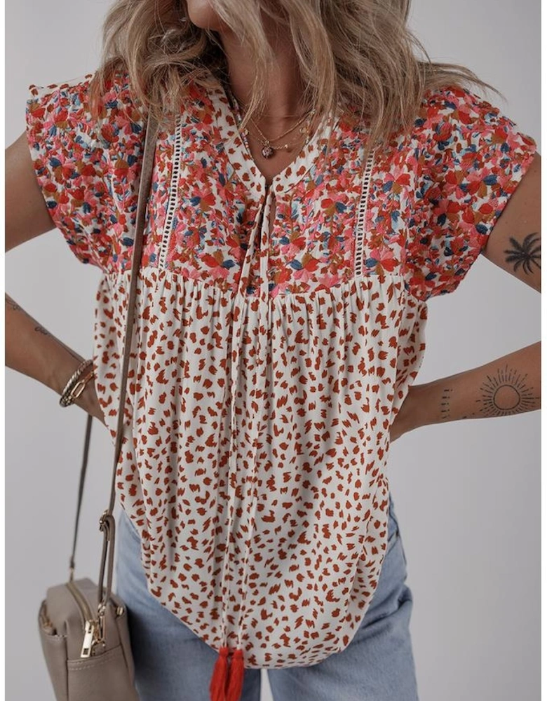 Red Printed Embroidery Detail Tie Split Neck Blouse