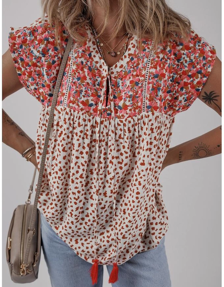 Red Printed Embroidery Detail Tie Split Neck Blouse