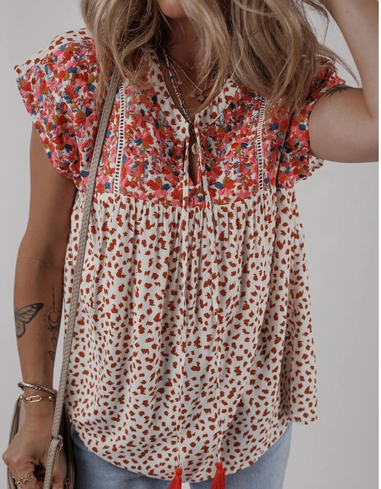 Red Printed Embroidery Detail Tie Split Neck Blouse
