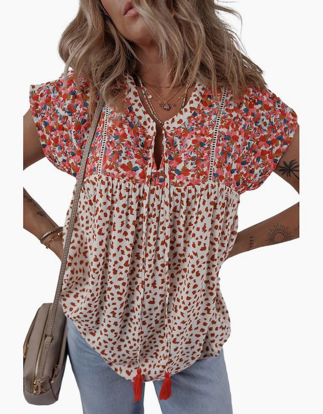 Red Printed Embroidery Detail Tie Split Neck Blouse