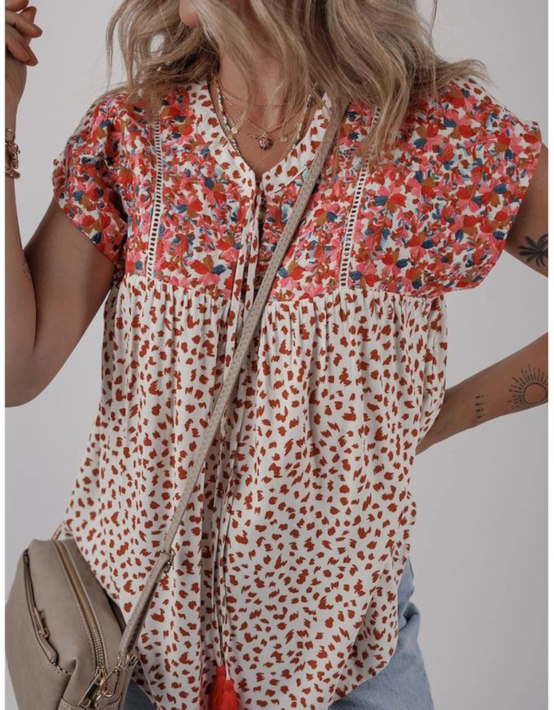 Red Printed Embroidery Detail Tie Split Neck Blouse