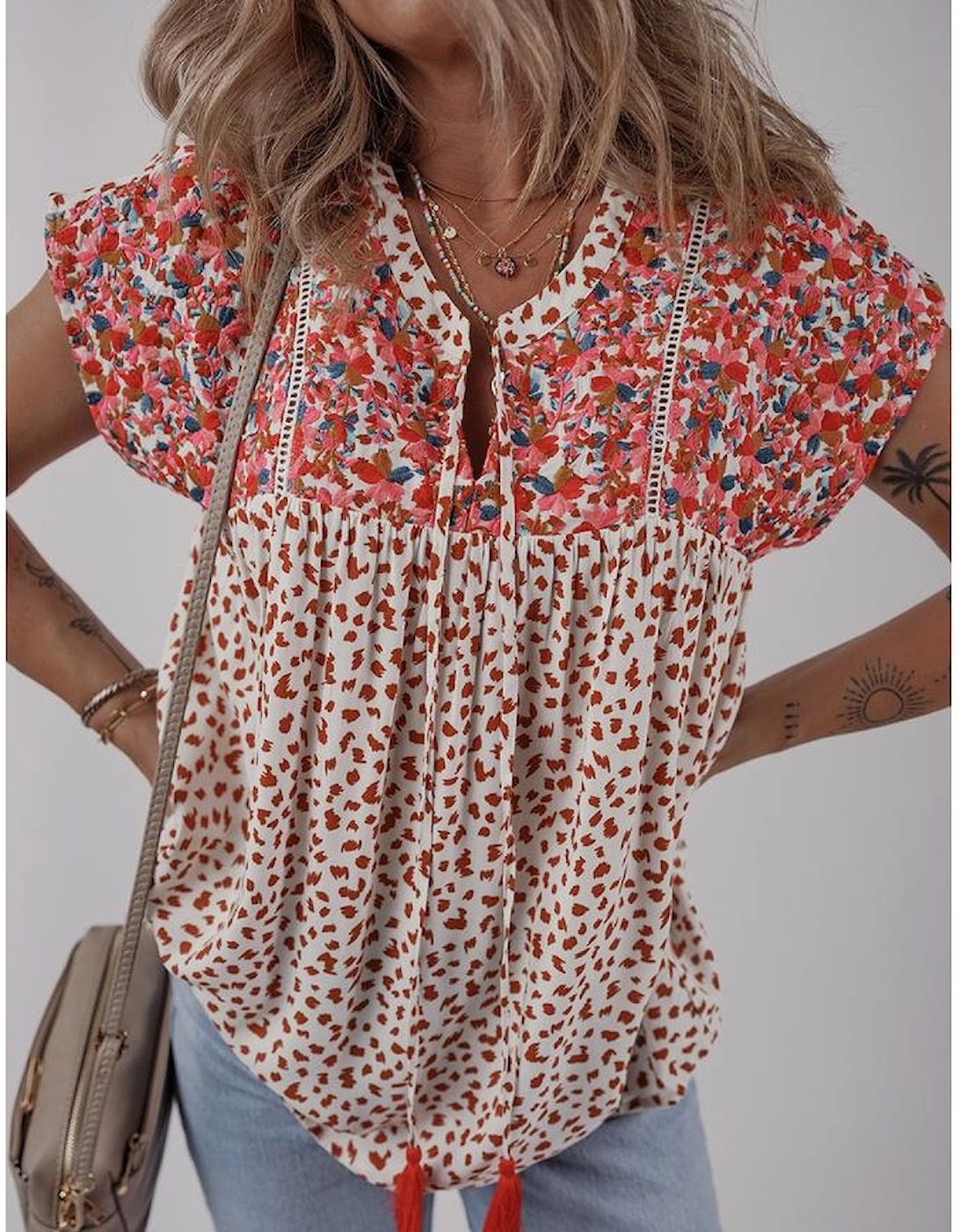 Red Printed Embroidery Detail Tie Split Neck Blouse