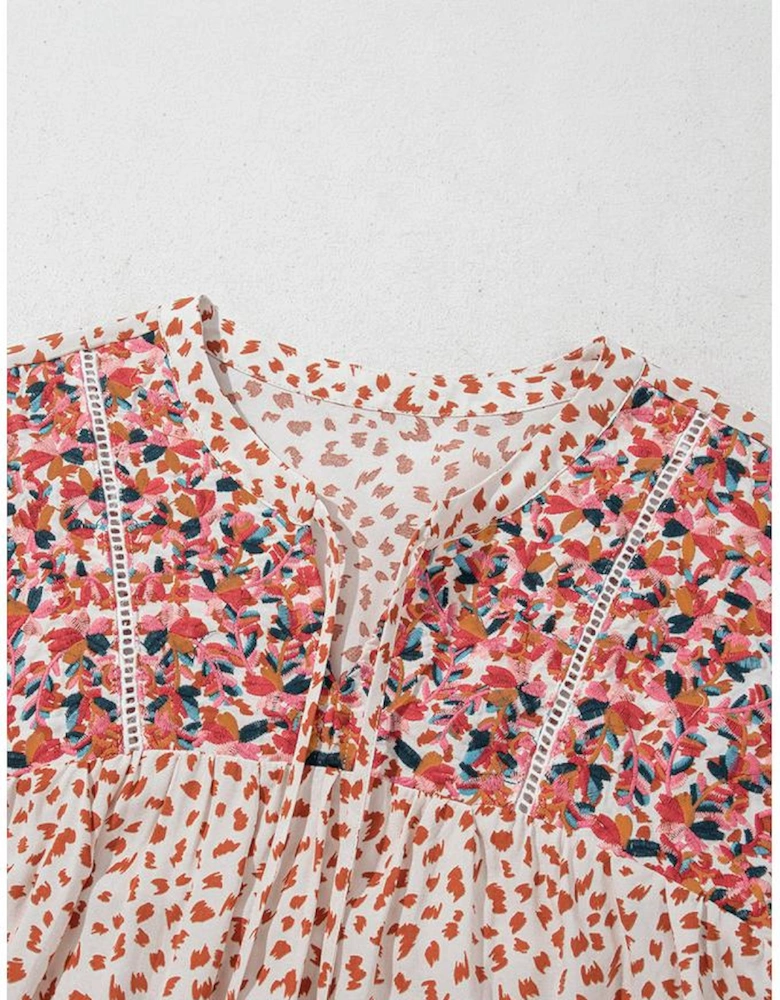 Red Printed Embroidery Detail Tie Split Neck Blouse