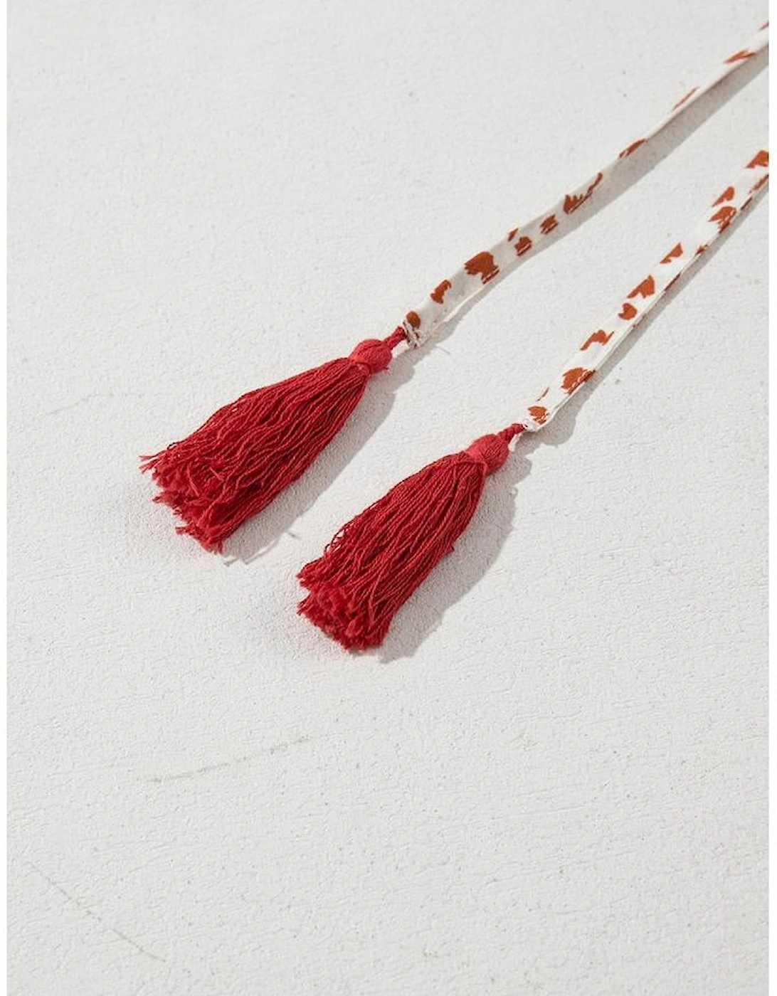 Red Printed Embroidery Detail Tie Split Neck Blouse