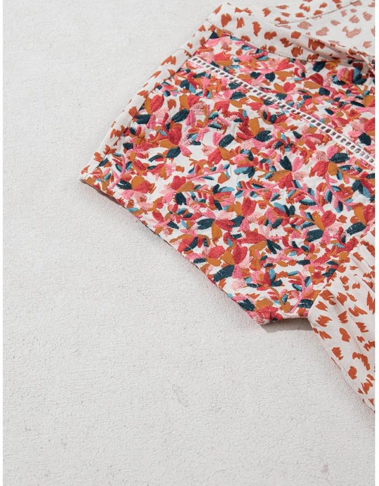 Red Printed Embroidery Detail Tie Split Neck Blouse