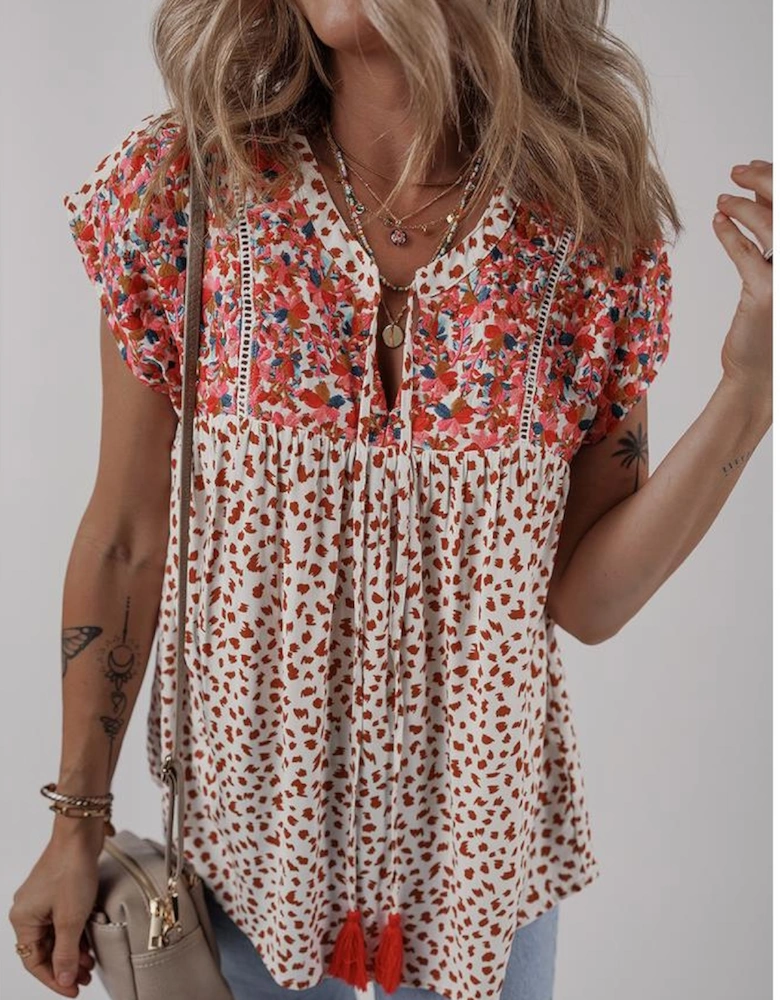 Red Printed Embroidery Detail Tie Split Neck Blouse