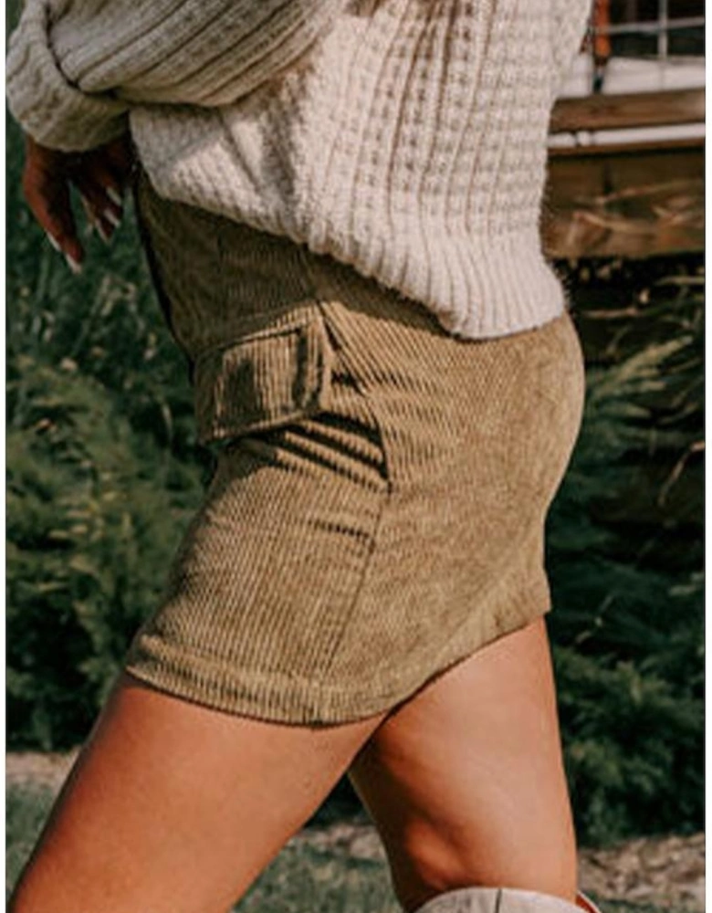 Camel Corduroy Buttoned Front Faux Pockets Mini Skirt