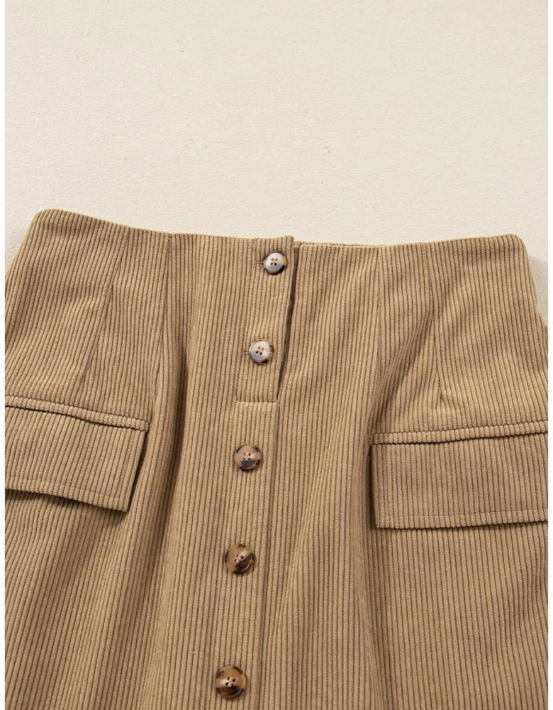 Camel Corduroy Buttoned Front Faux Pockets Mini Skirt