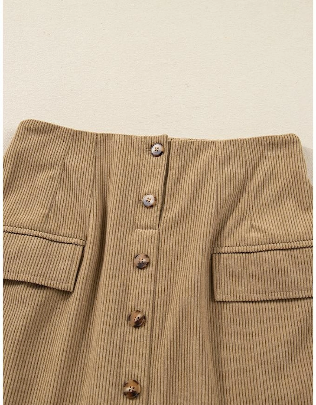 Camel Corduroy Buttoned Front Faux Pockets Mini Skirt