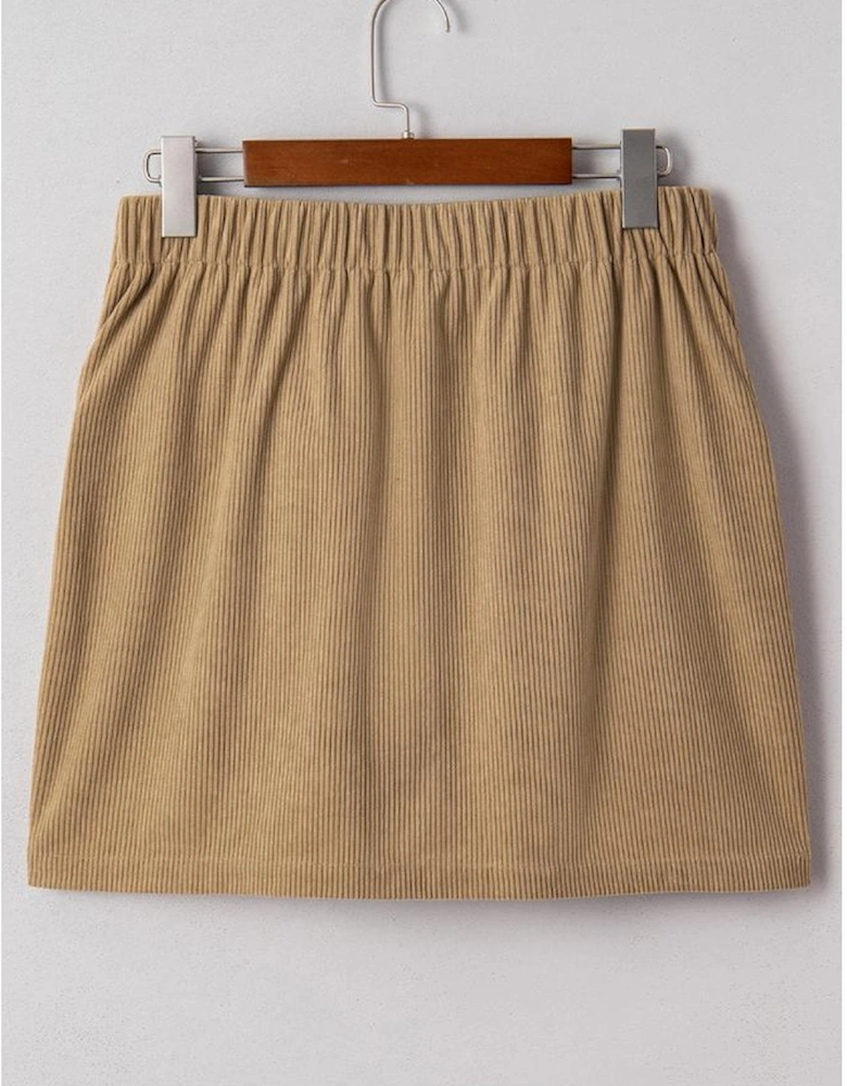 Camel Corduroy Buttoned Front Faux Pockets Mini Skirt