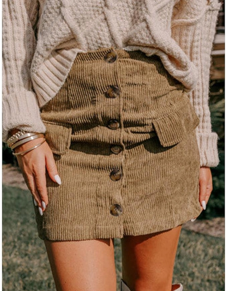 Camel Corduroy Buttoned Front Faux Pockets Mini Skirt