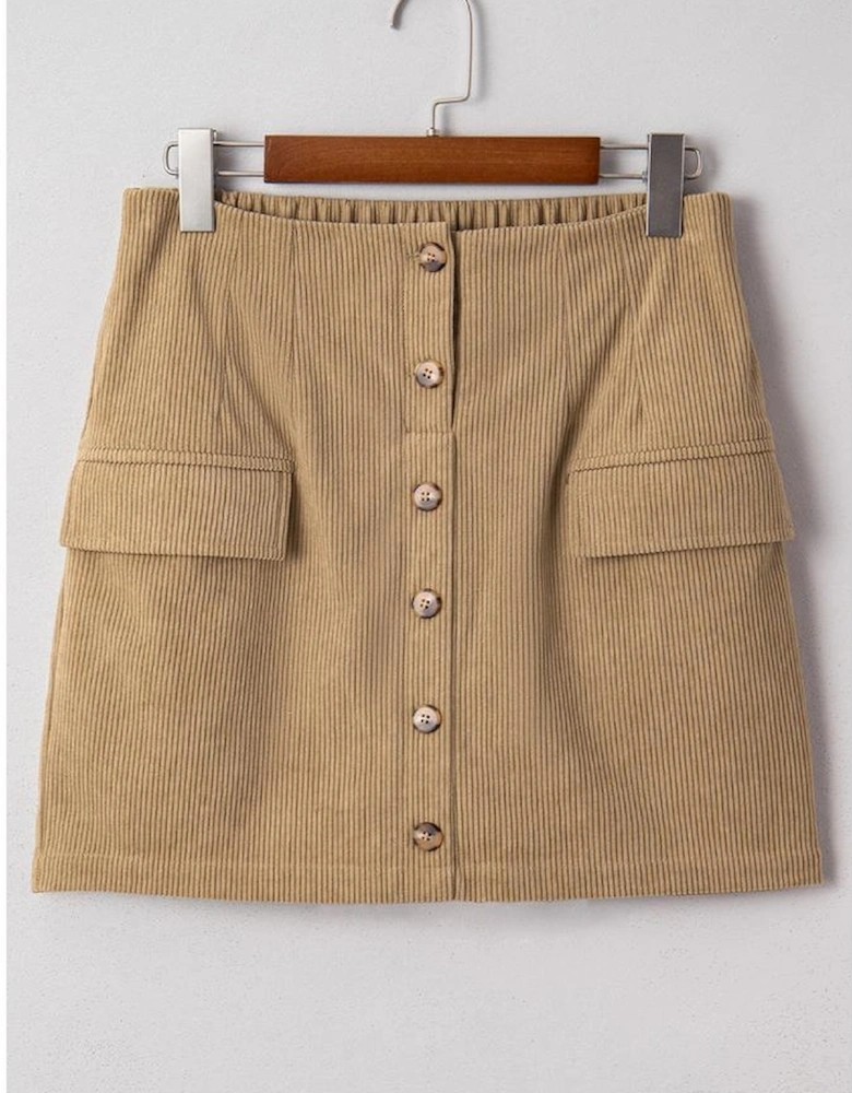 Camel Corduroy Buttoned Front Faux Pockets Mini Skirt