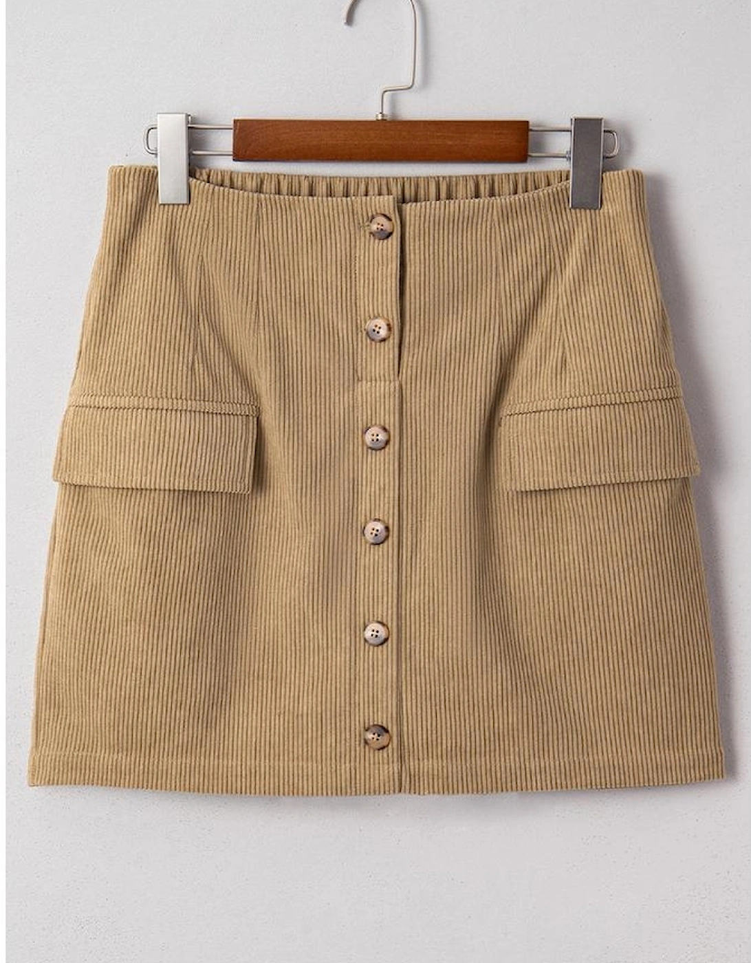 Camel Corduroy Buttoned Front Faux Pockets Mini Skirt
