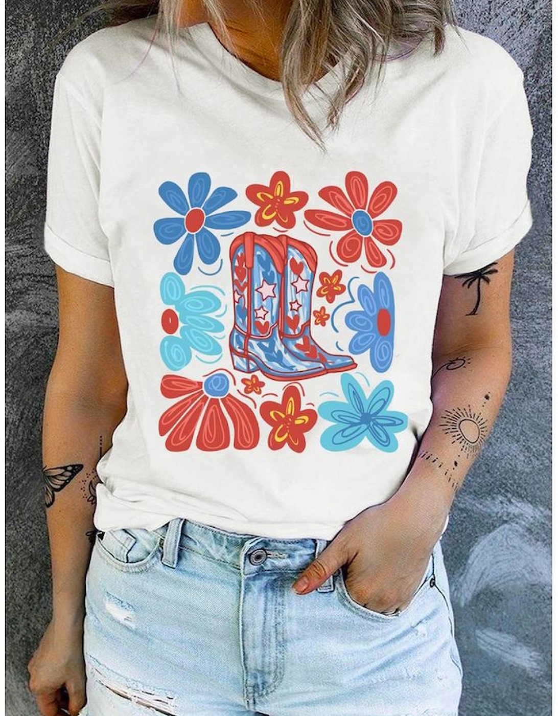 White Floral Cowgirl Boots Print Independence Day T Shirt