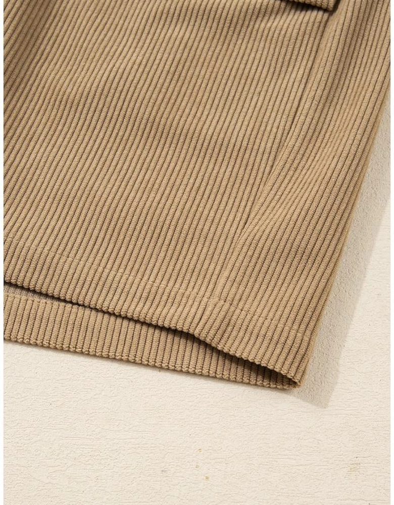 Camel Corduroy Buttoned Front Faux Pockets Mini Skirt