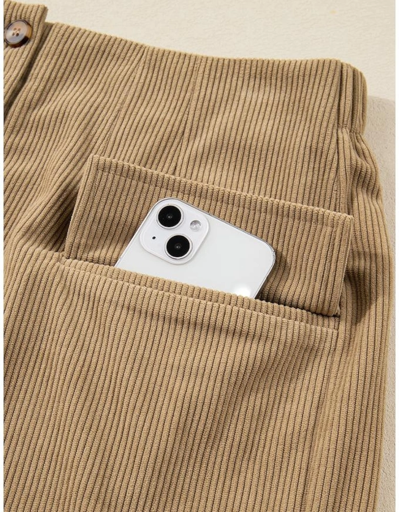 Camel Corduroy Buttoned Front Faux Pockets Mini Skirt
