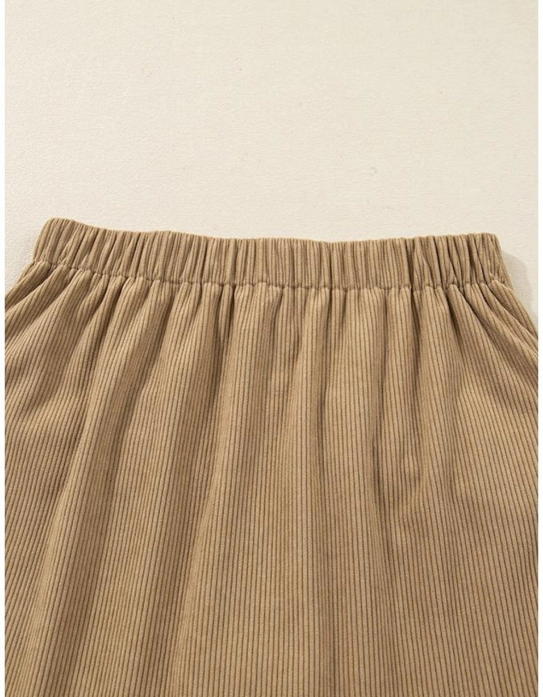 Camel Corduroy Buttoned Front Faux Pockets Mini Skirt