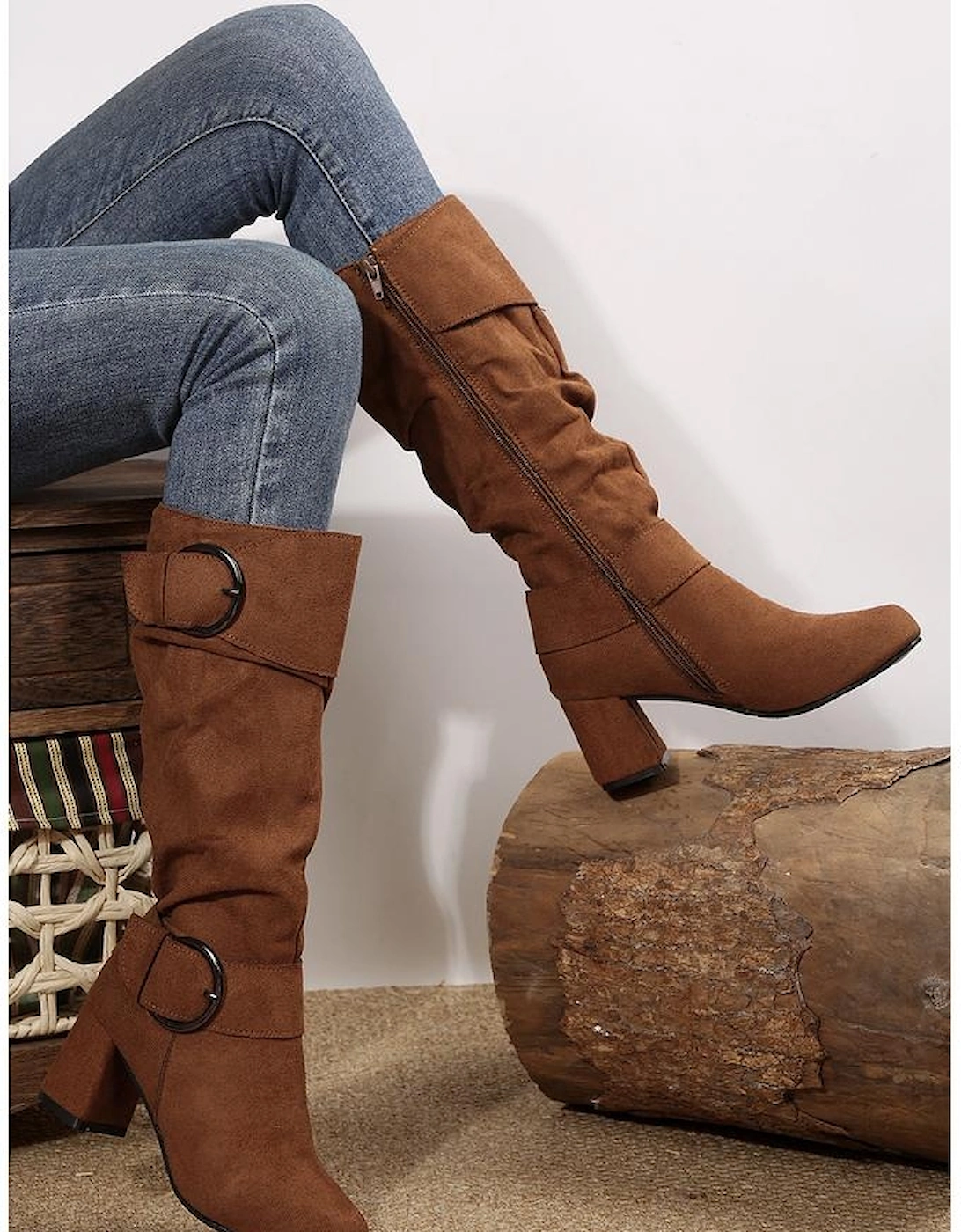 Coffee Suede Double Buckled Side Zipped Mid-calf Boots